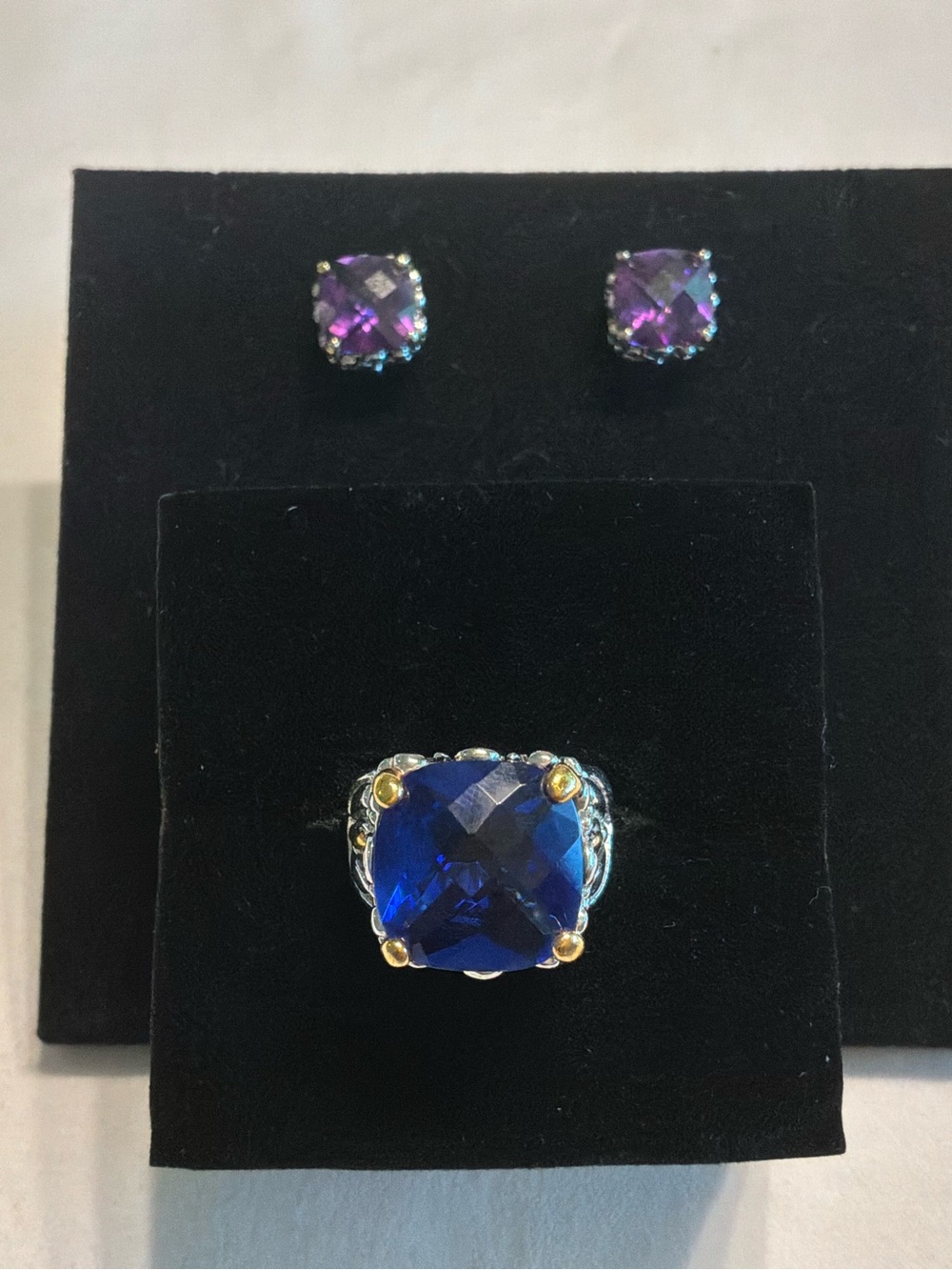 Vintage style 18 KGF two- tone Faux Blue Sapphire Cushion Cut Ring & Earring Set